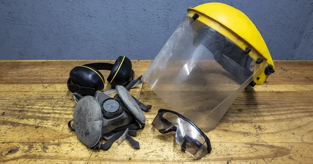 equipo de protección personal epp sobre la mesa del taller, mascara facial en amarillo, mascara respiratoria marca 3m, lentes de seguridad y orejeras