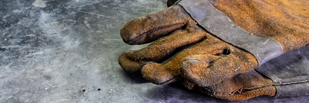 viejos guantes de soldar sobre una mesa del taller