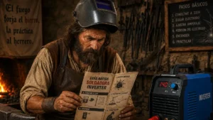 antiguo herrero aprendiendo a utilizar una soldadora inverter