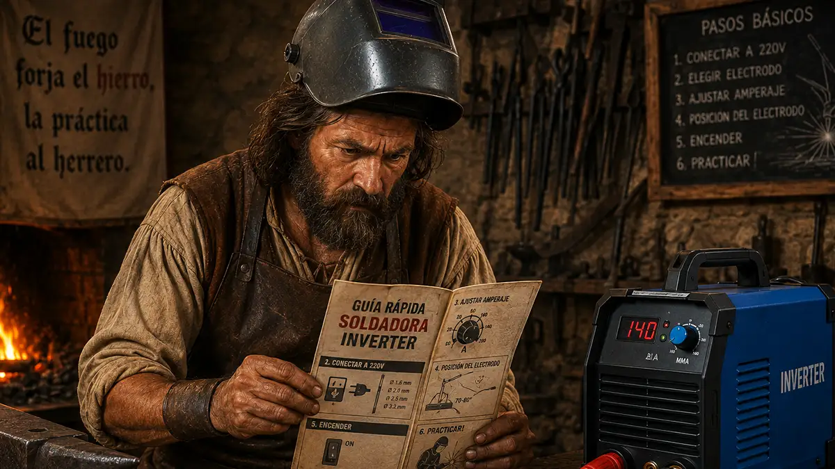 antiguo herrero aprendiendo a utilizar una soldadora inverter