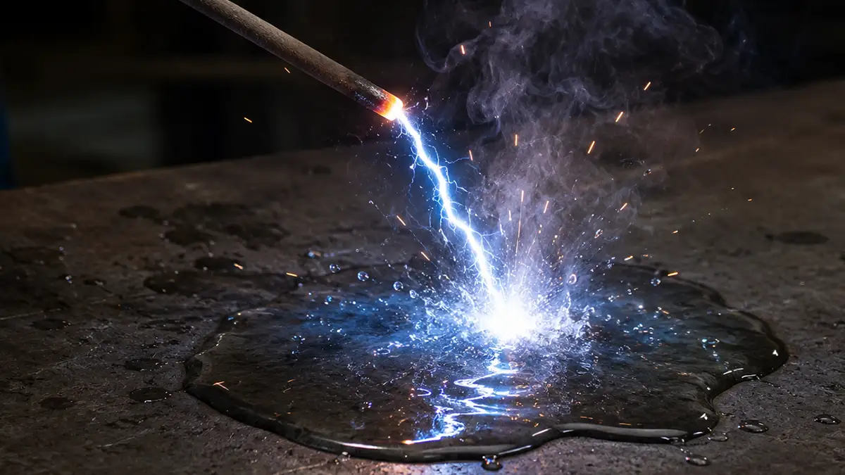 electrodo con punta incandescente con rayo saliendo desde la punta hacia un charco de agua