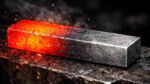 barra de metal sobre un yunque que esta caliente de un lado y fría del otro