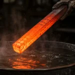 barra de hierro al rojo vivo a punto de entrar en una lata llena de agua