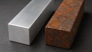 bloque de aluminio y de acero uno al lado del otro que fueron expuestos a la intemperie