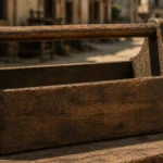 caja de herramientas antigua sobre una mesa en un pueblo de antaño