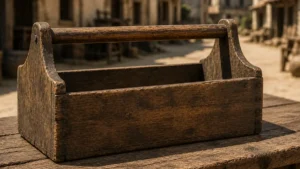 caja de herramientas antigua sobre una mesa en un pueblo de antaño