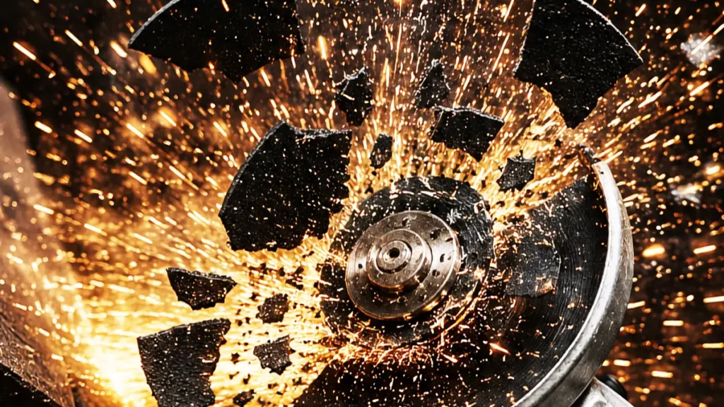 disco de amoladora rompiéndose en mil pedazos
