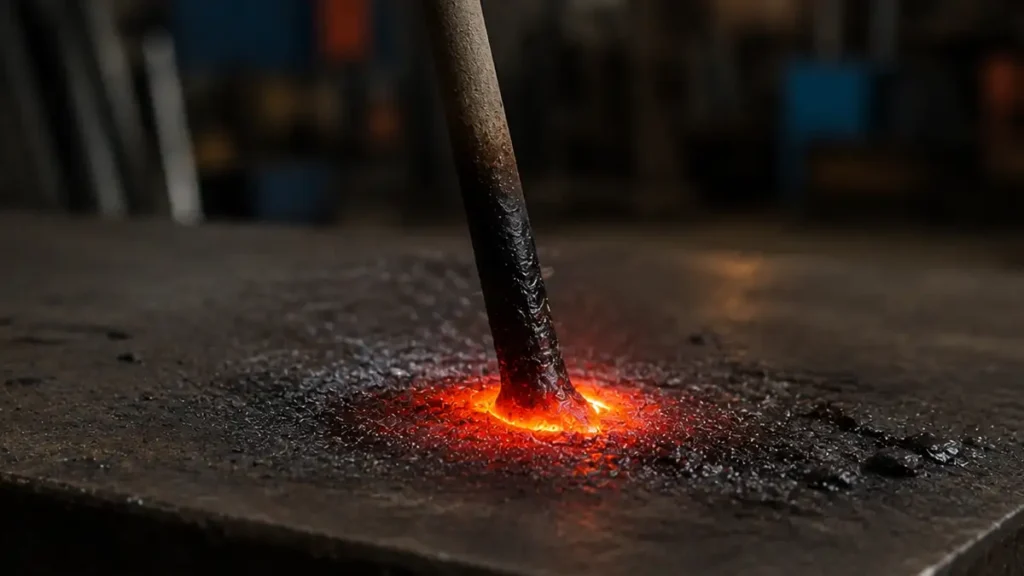 electrodo que se ha pegado a placa de metal al querer soldar con el