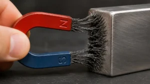 imán atrayendo partículas de metal de un bloque