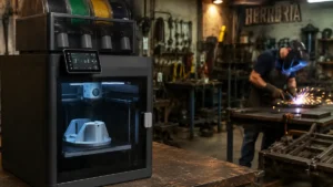 impresora 3d sobre una mesa en un taller de herrería y soldadura