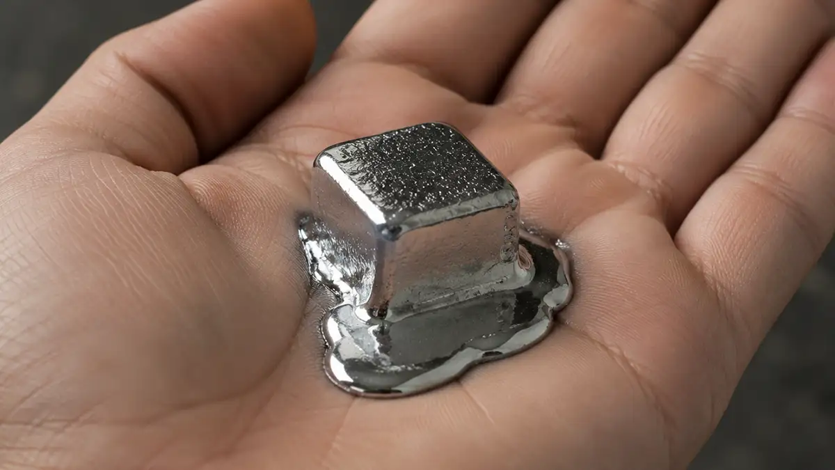 mano con bloque de galio derritiéndose