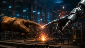 mano de herrero y mano de robot una al lado de la otra tocándose por los índices