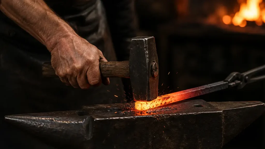 mano con martillo que golpea un hierro caliente sobre un yunque
