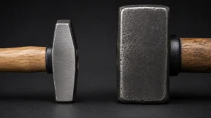 martillo y masa de metal en un fondo oscuro