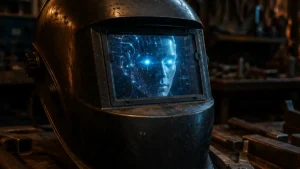 mascara de soldador con imagen de inteligencia artificial en el video como si fuera un reflejo de esta