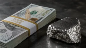 fajo de dólares sobre una mesa al lado del metal mas caro del mundo