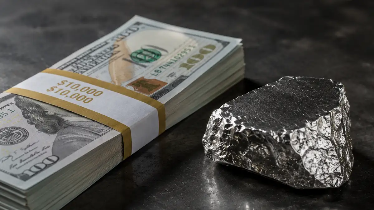 fajo de dólares sobre una mesa al lado del metal mas caro del mundo