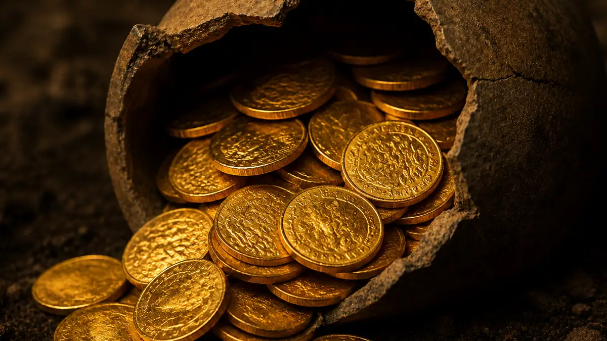 monedas de oro que no se oxidaron adentro de un jarrón antiguo