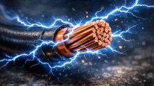 representación de una cable de cobre con electricidad a su alrededor