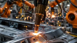 robot soldador en linea de montaje de autos