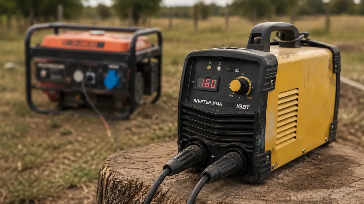 soldadora inverter en un campo conectada a un generador que esta atrás fuera de foco