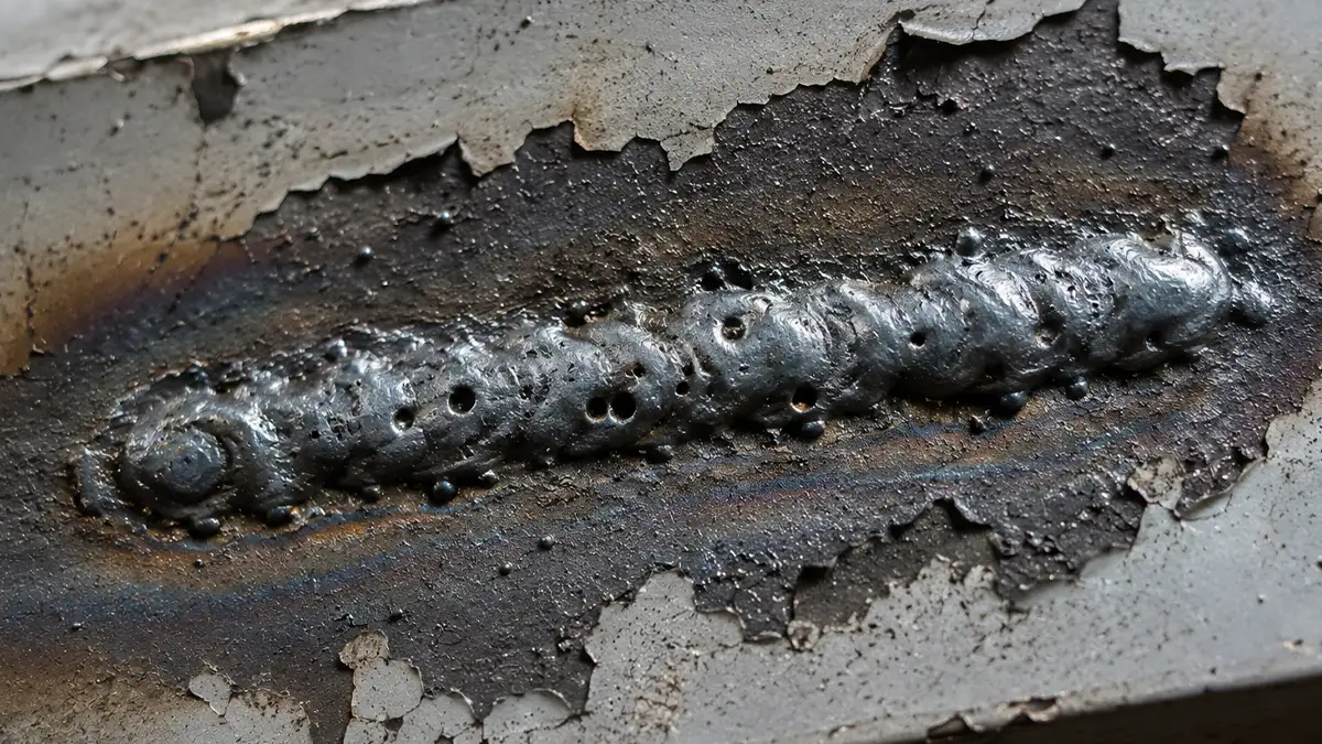 soldadura imperfecta porosa debido a la pintura que hay alrededor