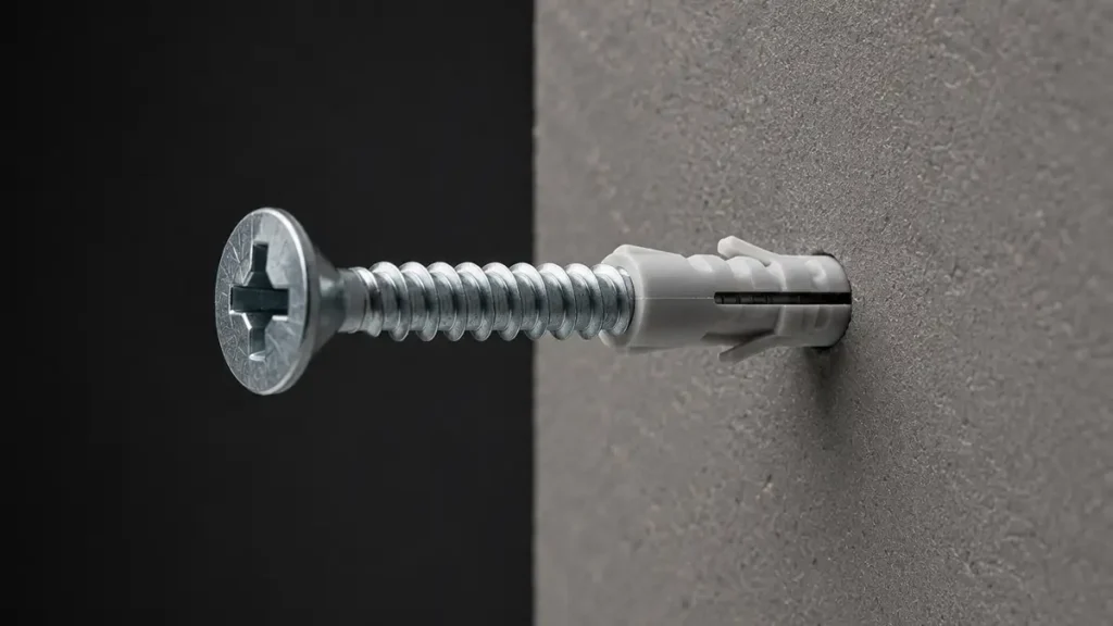tornillo con tarugo sobre una pared