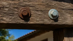 tonillo oxidado junto a tornillo sin oxido puestos en un dintel de madera