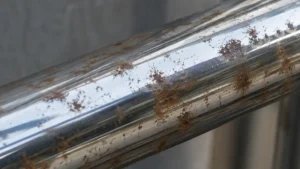 barandal de acero inoxidable con puntos de oxido