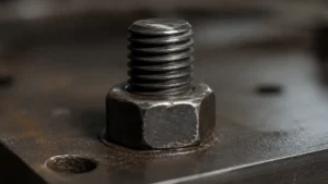 una tuerca ajustada en una varilla roscada ajustando una placa de metal