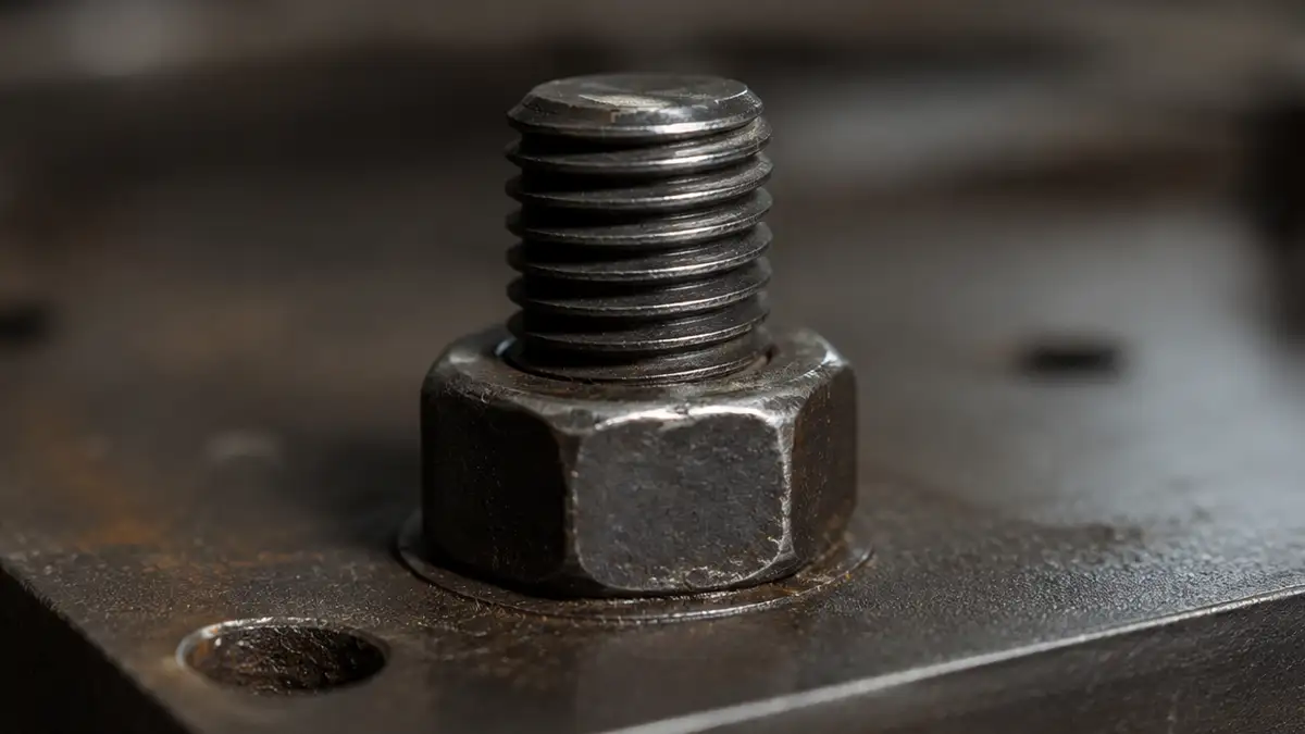 una tuerca ajustada en una varilla roscada ajustando una placa de metal