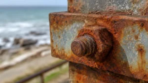 tuerca muy oxidada de una columna que esta cerca del mar